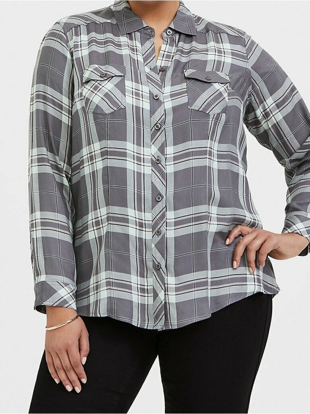 torrid Gray & Mint Plaid Button-Down Shirt